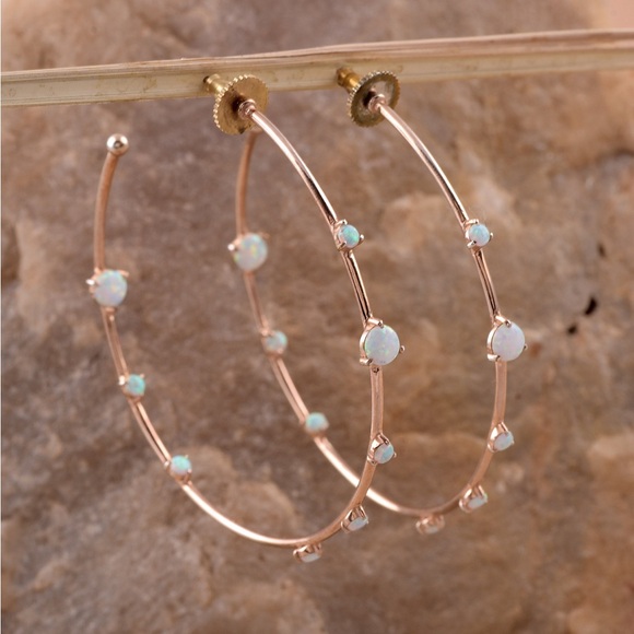 Large Rose Gold & Opal Hoop Earrings - Picture 5 of 6